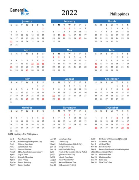 Philippine Calendar 2022 With Holidays Printable